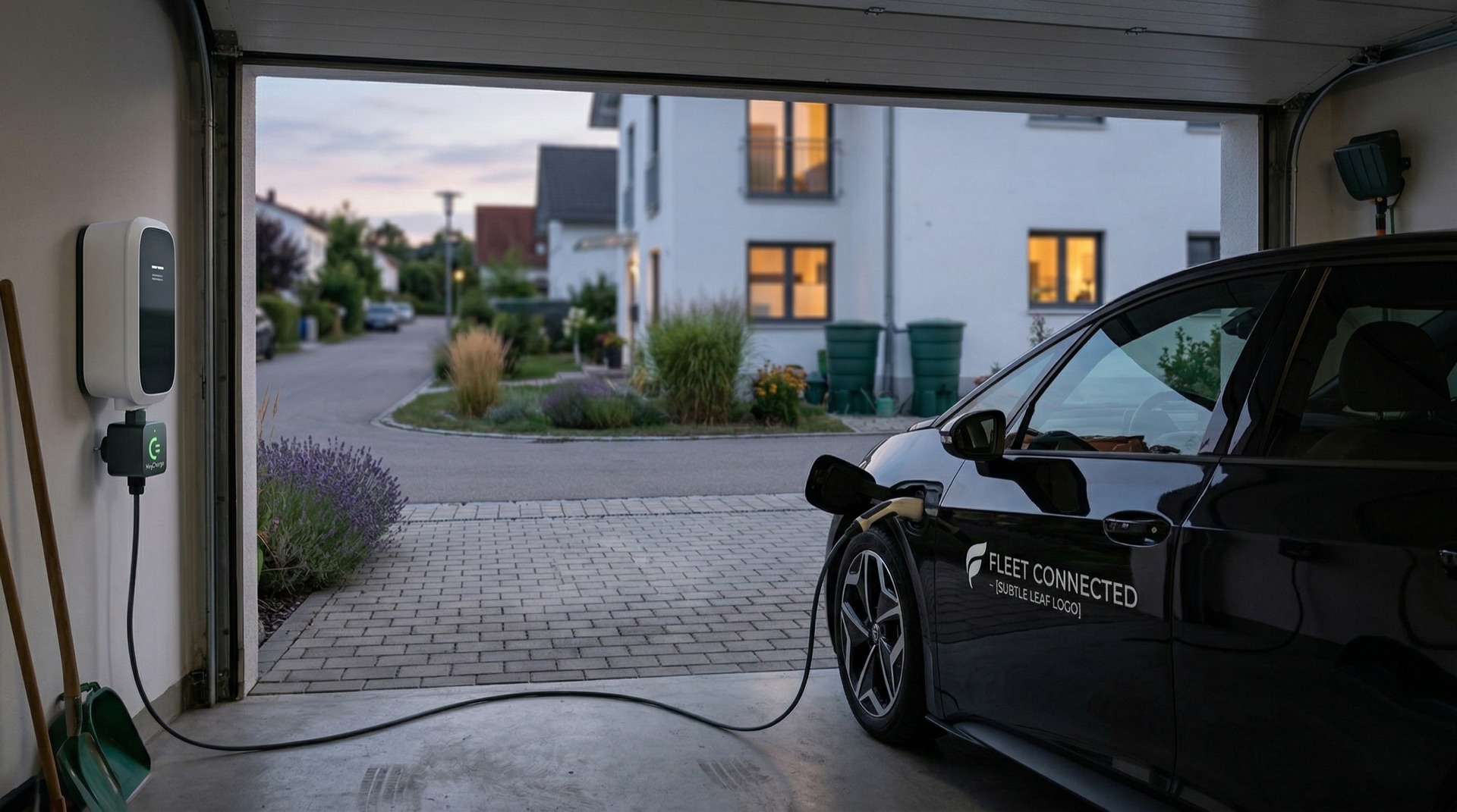 Electric company car charging at home in a residential garage