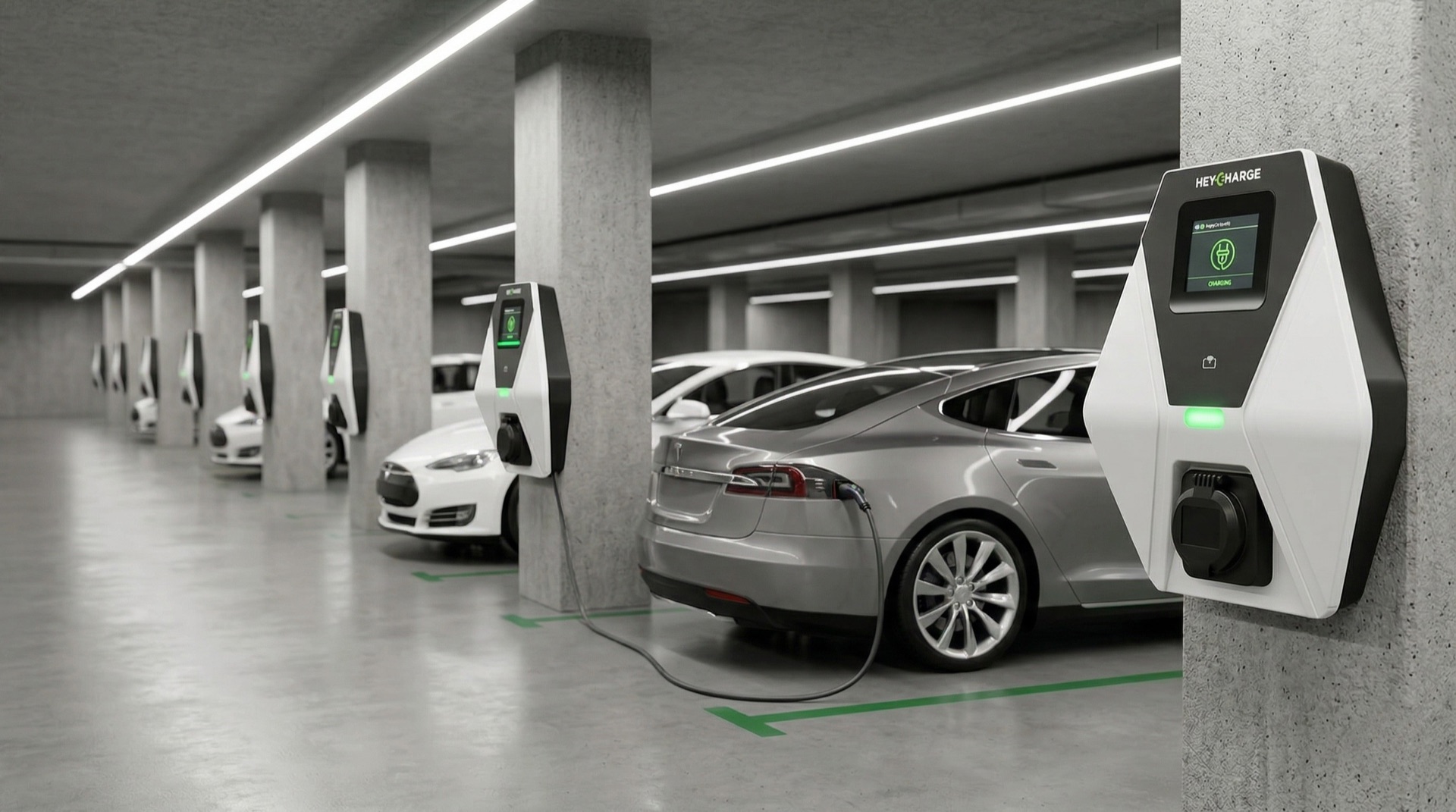 Underground parking garage with row of EV chargers and vehicles charging